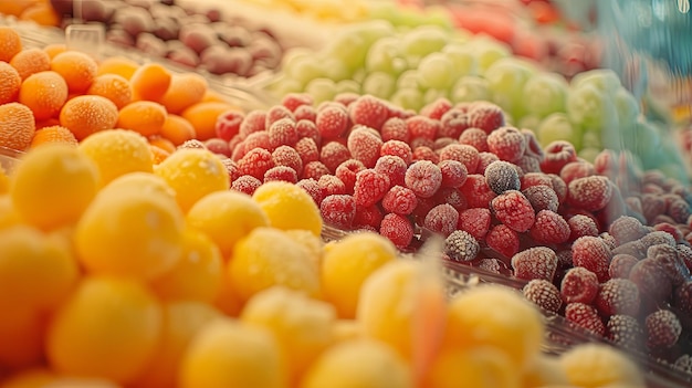 Fruits and berry frozen on supermarket showcase Background concept