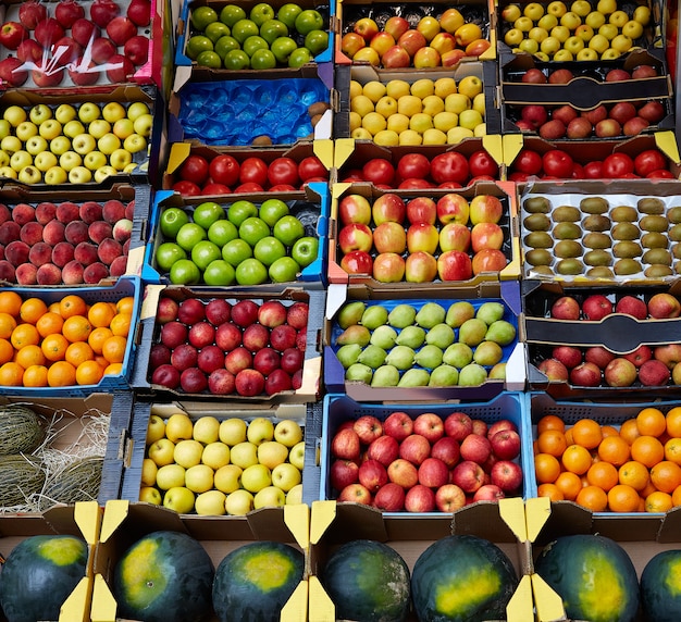 Fruits in boxes display at market