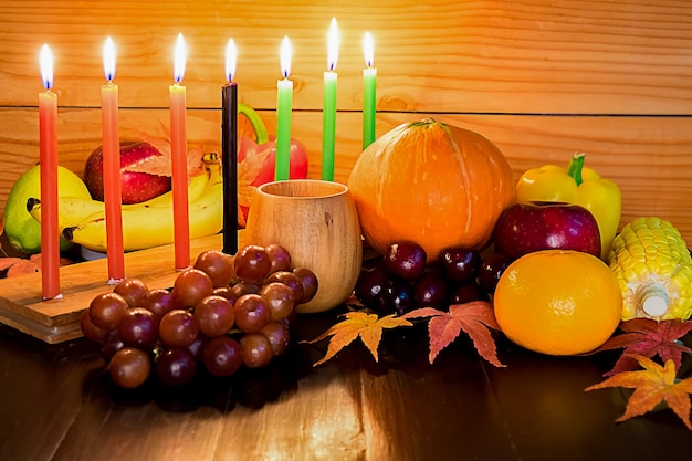 Photo fruits by burning candles on table