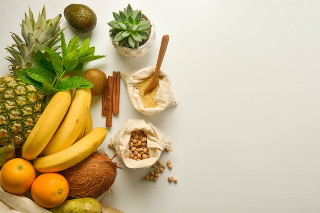 Fruits and cereals in textile bags