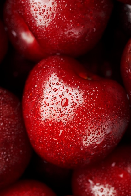 The fruits of the cherries closeup with drops of dew