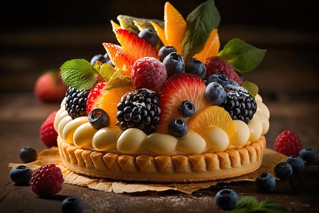 Fruits and cream fill a wonderful pastry captured in closeup