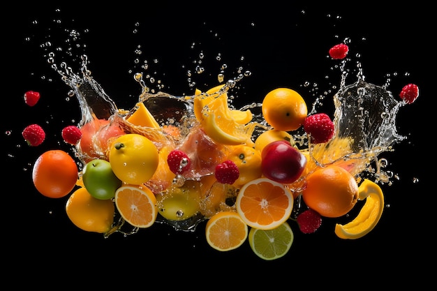 Fruits cut in the air splashing the juice