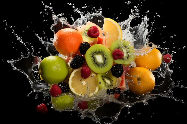 Fruits cut in the air splashing the juice