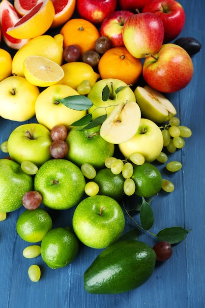 Fruits on dark blue wooden background