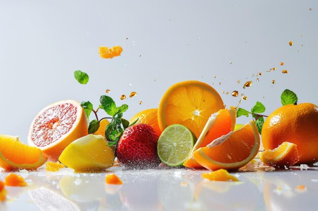 Fruits dropping in white background