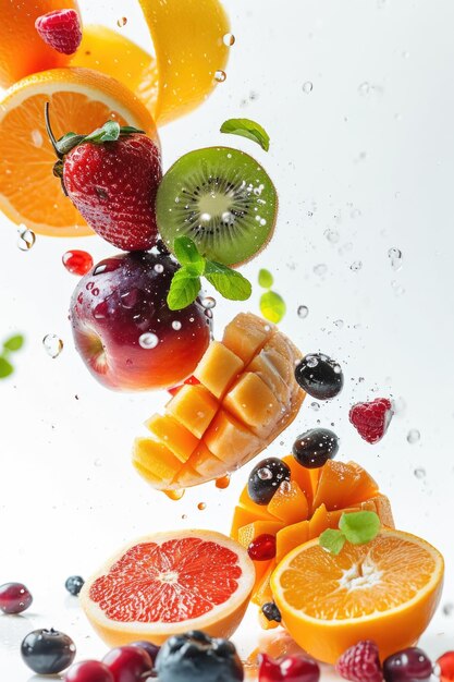 Photo fruits dropping in white background