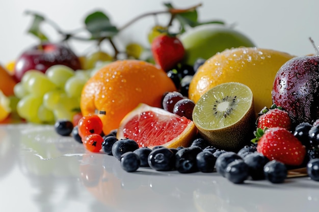 Foto frutta che cade su uno sfondo bianco