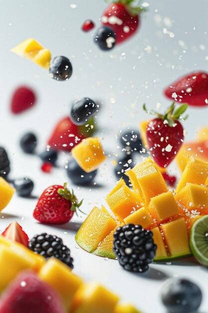 Photo fruits dropping in white background