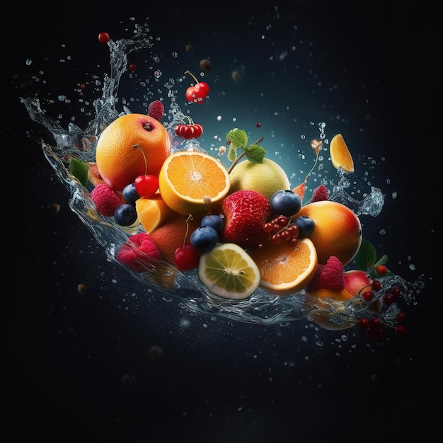 Fruits explosion with water splash black background Kiwi orange strawberry grape peach