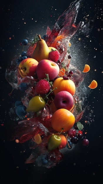 Fruits explosion with water splash black background Kiwi orange strawberry grape peach