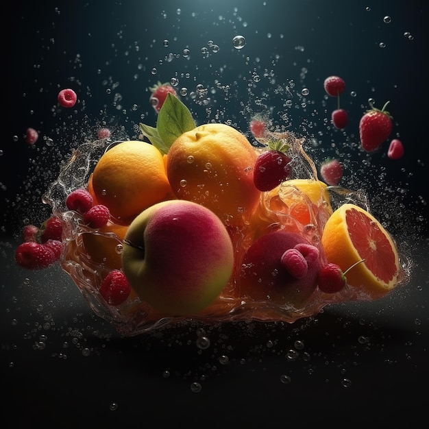 Fruits explosion with water splash black background Kiwi orange strawberry grape peach