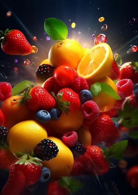 Fruits explosion with water splash dark background Ai image