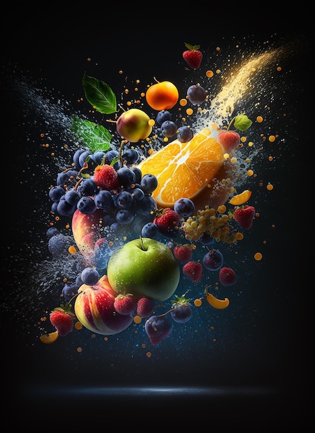 Fruits explosion with water splash dark background Ai image