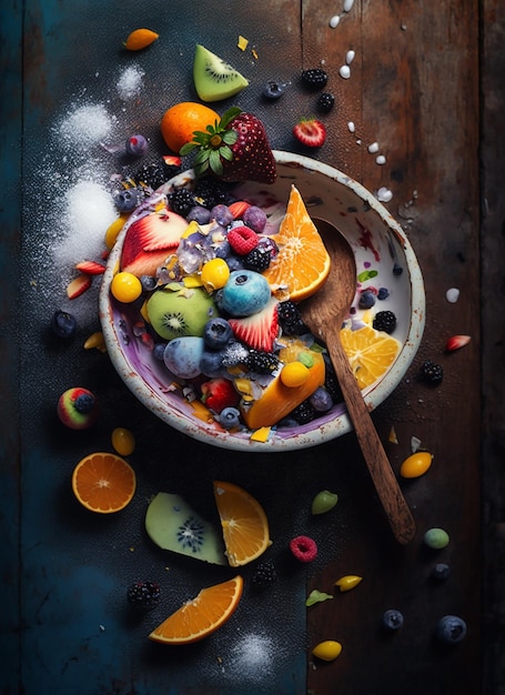 Fruits explosion with water splash dark background Ai image