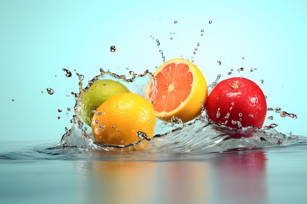 Fruits falling into water product showcase illustration