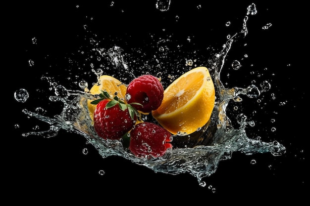 검은 배경 인공 지능에 고립 된 물 얼룩에 떨어지는 과일 생성