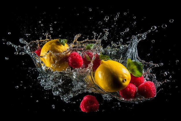 fruits falling in water splash isolated on black background ai generated