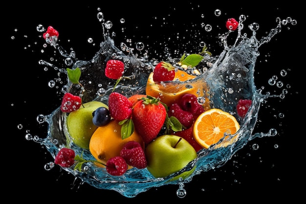 fruits falling in water splash isolated on black background ai generated