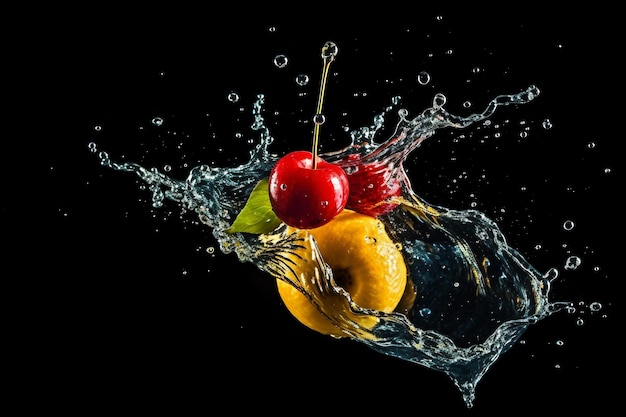 fruits falling in water splash isolated on black background ai generated