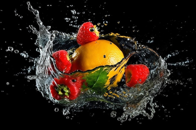 fruits falling in water splash isolated on black background