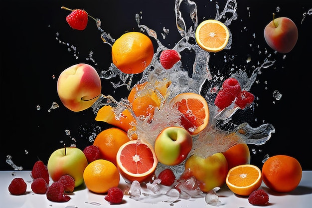 fruits flashing with water on air white background