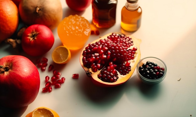 fruits honey and pomegranate are on a table