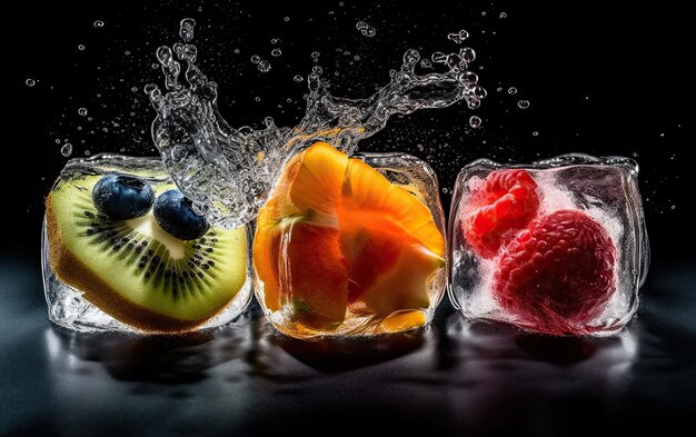 Fruits inside of ice cubes isolated on black background