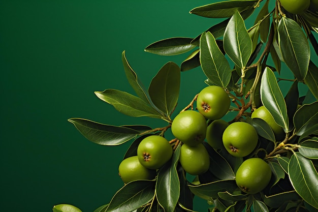 Photo fruits of jujube tree with green leaves on green background