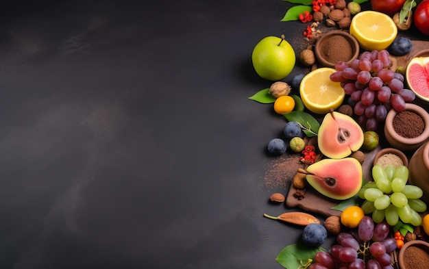 Fruits and nuts on a black background