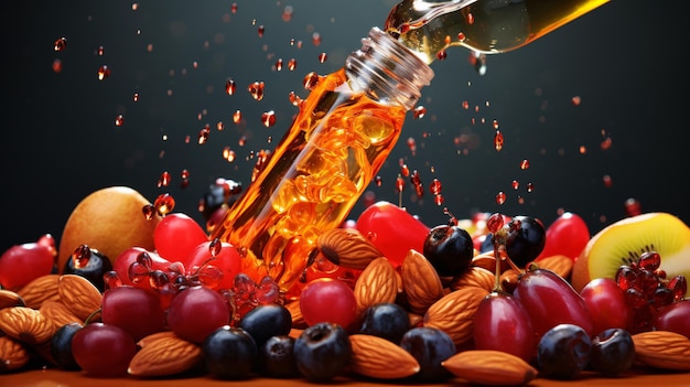 Fruits and nuts jojoba oil drop falls into the bottle