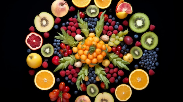 Fruits pictures in style of kaleidoscope art on black background Elegant art of fruits