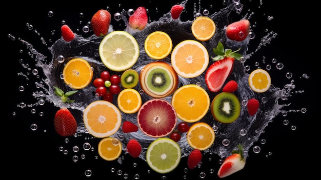 Fruits pictures in style of kaleidoscope art on black background Elegant art of fruits