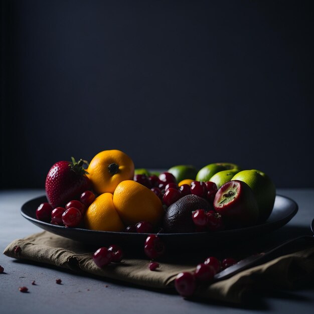 Photo fruits piled up on a plate in the kitchen seen on the side v21