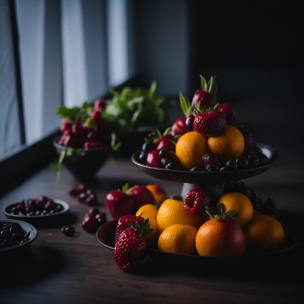 Foto frutti impilati su un piatto in cucina visto a lato v23
