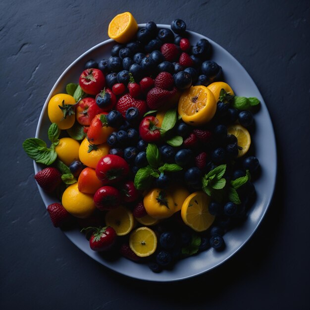 фрукты, сложенные на тарелке на кухне, видны сбоку v8
