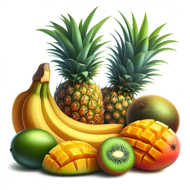 Foto frutti ananas banana kiwi e mango isolati su sfondo bianco