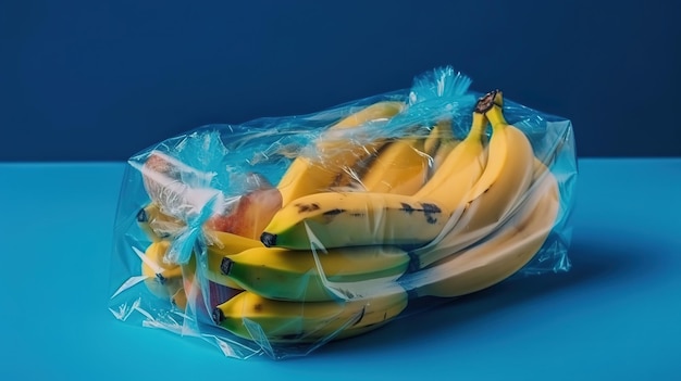 Fruits in plastic packaging from the supermarket are minimal Banana in cellophane Generative Ai