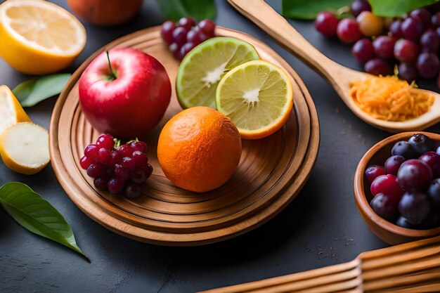 Foto frutta su un piatto con la parola frutta sopra