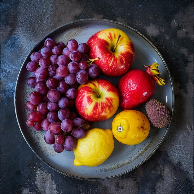 Fruits purple grapes strawberries apples lemons pomegranates lychees one each on a plate photography top view blender