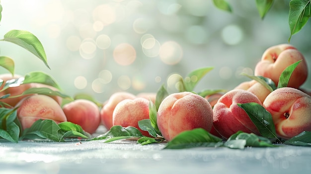 The fruits of ripe peaches with leaves on the background of the side