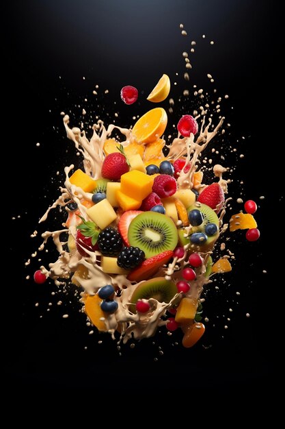 Fruits Salad spilling on the bowl on dark background