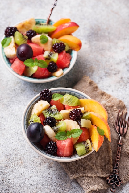 Fruits salad with watermelon, banana and kiwi 