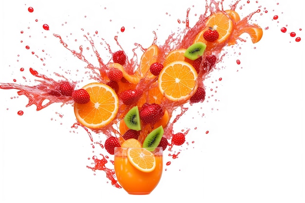 Photo fruits splash flying fall juice isolated on white background