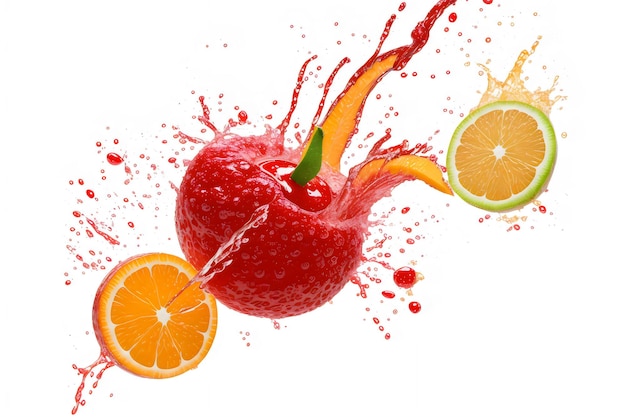 fruits splash flying fall juice isolated on white background
