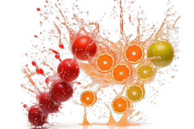 Photo fruits splash flying fall juice isolated on white background