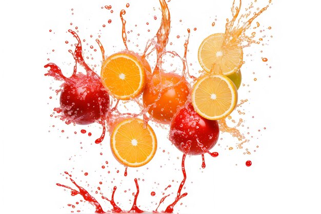 Photo fruits splash flying fall juice isolated on white background