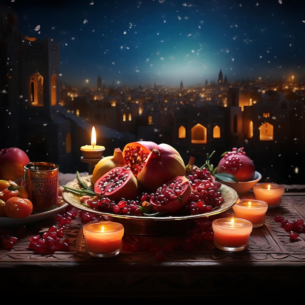 Photo fruits of unity a table laden with abundant produce symbolizing yield during yalda night festivitie