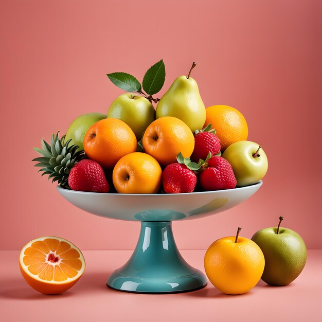 Fruits in a vase on a pink background