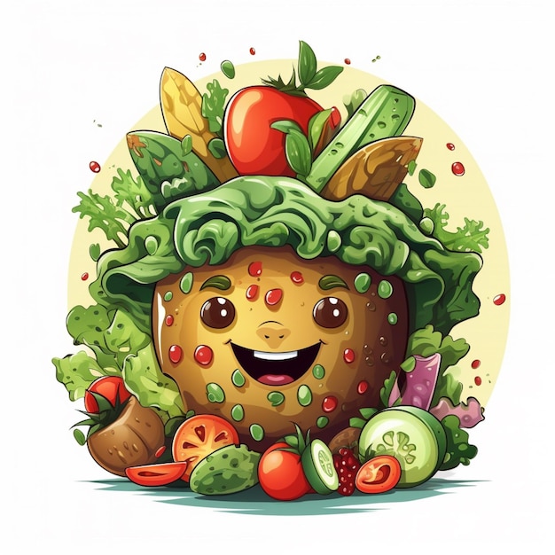 과일 과 채소 만화 캐릭터 들 은 세계 채식주의자 날 을 축하 하기 위해 기 ⁇  과 행복 으로 함께 놀고 웃고 있다